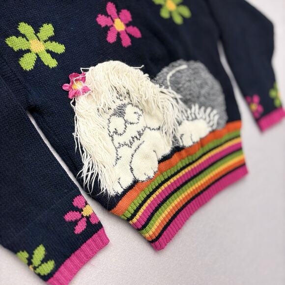 VTG 80s Heartworks Navy 3D Shaggy Dog Sweater Knit Collared Flowers Size 7/8 - Picture 5 of 10